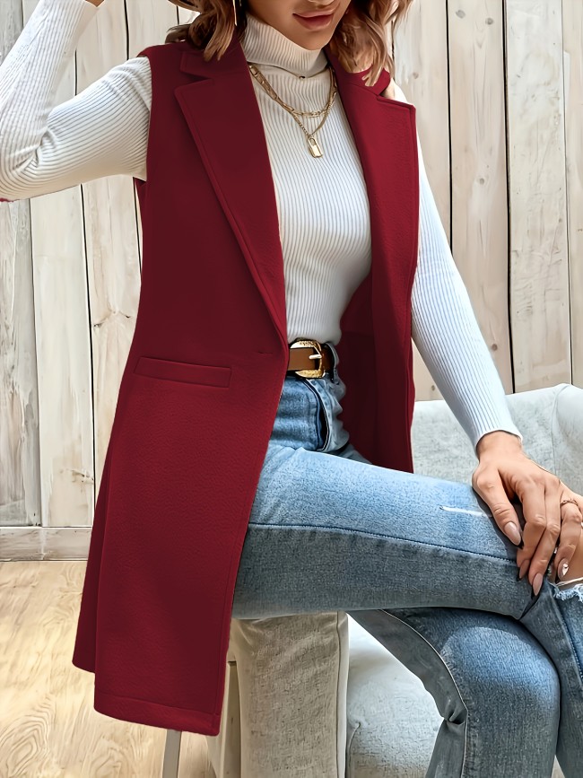 Solid Open Front Vest, Elegant Lapel Sleeveless Mid Length Vest, Women's Clothing