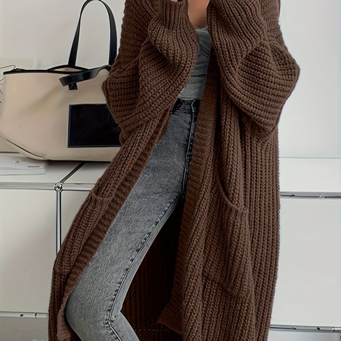 Solid Open Front Cardigan, Casual Long Sleeve Drop Shoulder Long Length Outwear, Women's Clothing