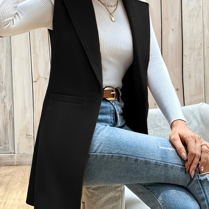 Solid Open Front Vest, Elegant Lapel Sleeveless Mid Length Vest, Women's Clothing