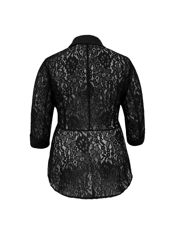 Plus Size Elegant Lace Stitching Blazer - Semi-Sheer, Lapel Collar, Open Front, Machine Washable, Solid Color, Woven Polyester Fabric - Perfect for Spring and Fall Seasons
