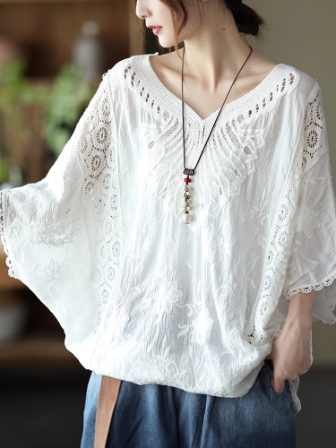 Summer Women's Sun-Protective Lace Batwing Sleeve Top with V-Neck and Cotton Blend Fabric