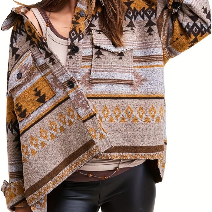Women's Aztec Print Vintage Style Flap Pocket Long Sleeve Stylish Shirt Jacket Coat