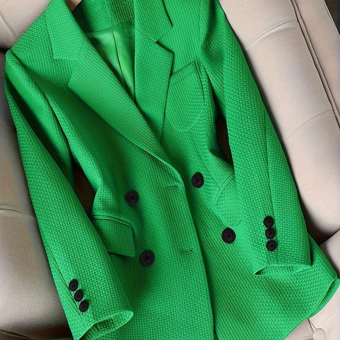 Long Sleeve Double Breasted Pea Coat Blazer - Elegant Solid Color Polyester Knit Fabric with Micro Elasticity and Button Details - Perfect for Spring and Fall Seasons