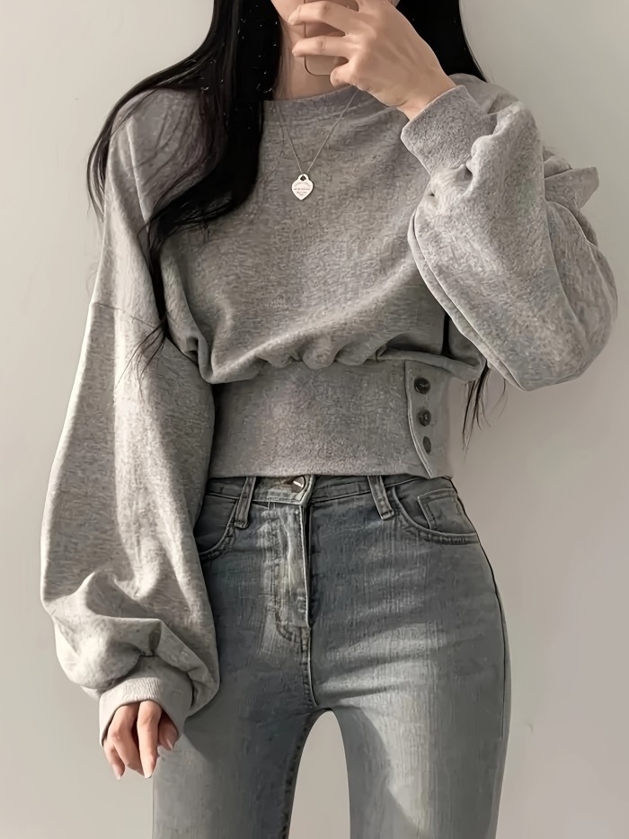 Solid Color Crew Neck Pullover Sweater, Y2K Long Sleeve Button Decor Knitted Sweater For Fall & Winter, Women's Clothing