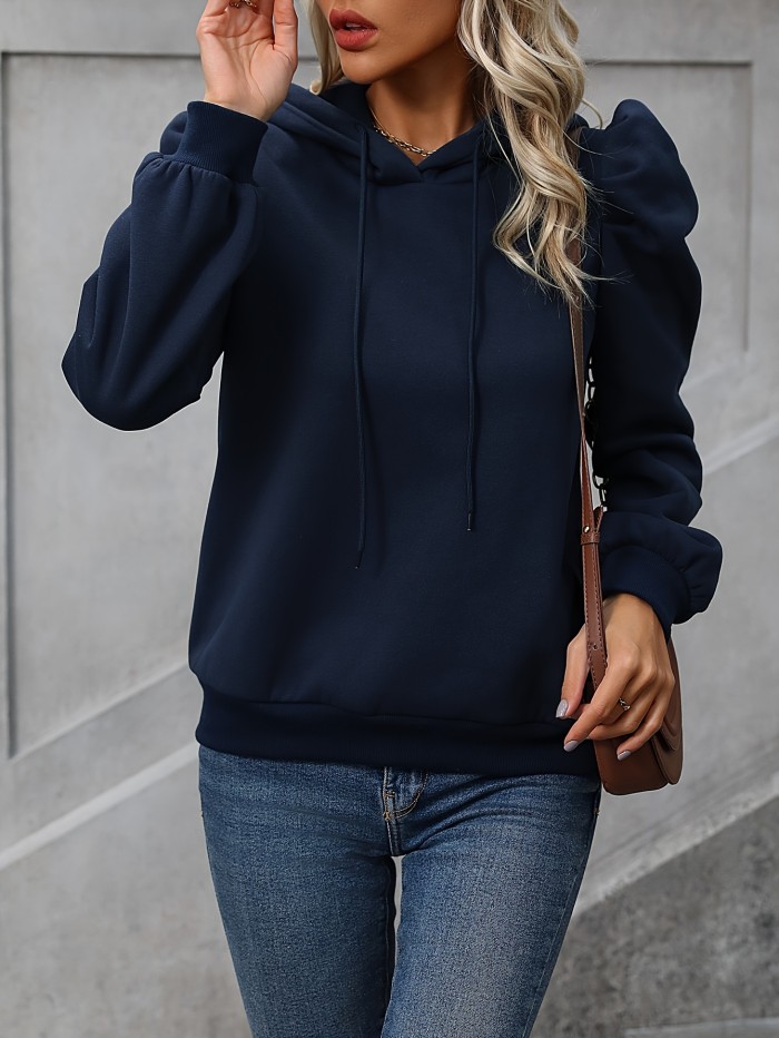 Cozy Long Sleeve Solid Drawstring Hoodie - Soft Micro Elastic Polyester Fabric, Machine Washable, Casual Chic Knit Hooded Top for Women - Perfect for All Seasons