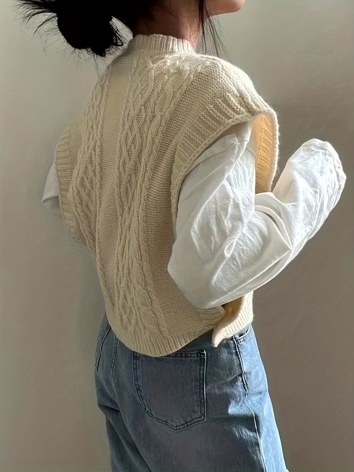 Twist Button Front Knitted Vest Sweater, Casual Crew Neck Sleeveless Sweater For Fall & Winter, Women's Clothing