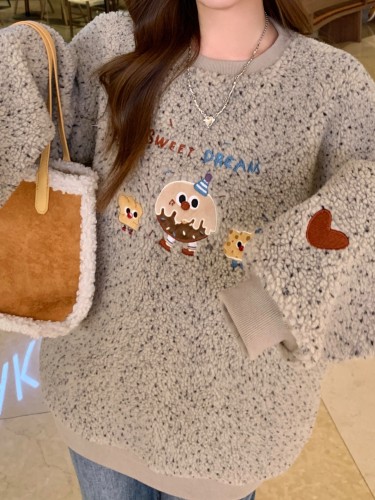 Graphic Print Plush Pullover Sweatshirt, Casual Long Sleeve Crew Neck Top For Fall & Winter, Women's Clothing