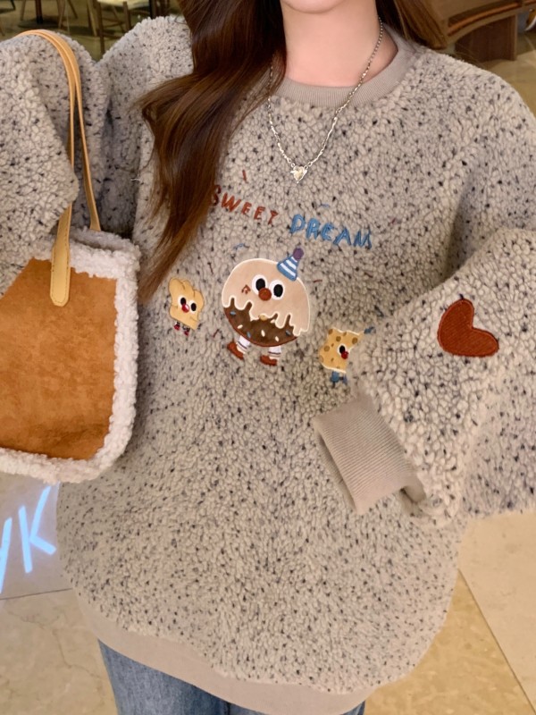 Graphic Print Plush Pullover Sweatshirt, Casual Long Sleeve Crew Neck Top For Fall & Winter, Women's Clothing