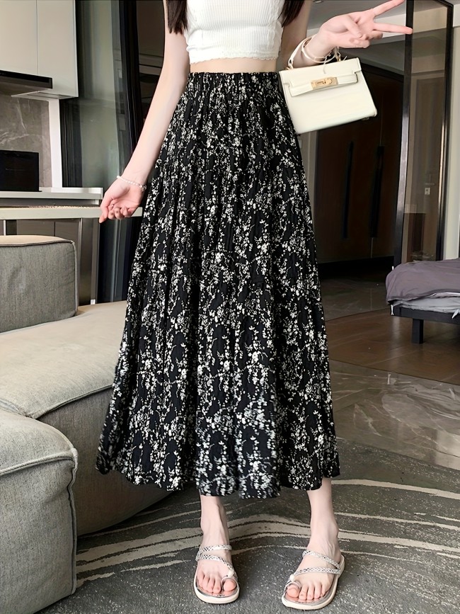 Floral Print Elastic Waist Pleated Skirt, Casual Ruffle Hem A Line Ankle Length Skirt For Spring & Summer, Women's Clothing