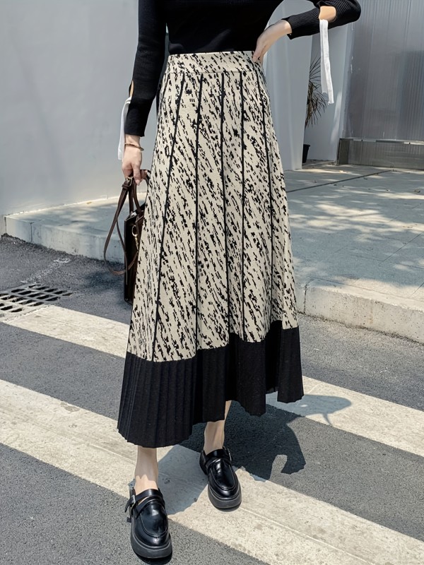 Color Block High-rise Skirt, Stylish A-line Knitted Skirt For Fall, Women's Clothing
