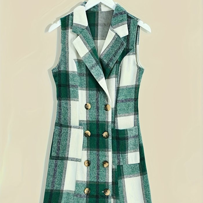 Lapel Sleeveless Plaid Cardigan, Mature Double Breasted Button Pockets Mid Length Sweater, Women's Clothing
