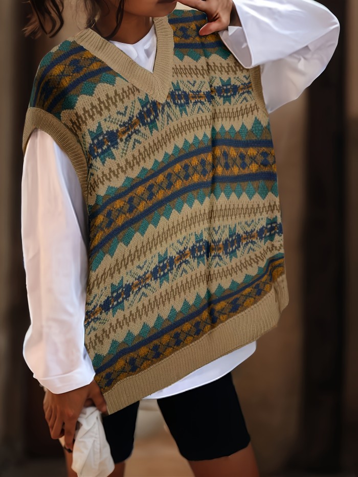 Allover Pattern V Neck Sweater Vest, Preppy Sleeveless Loose Sweater, Women's Clothing
