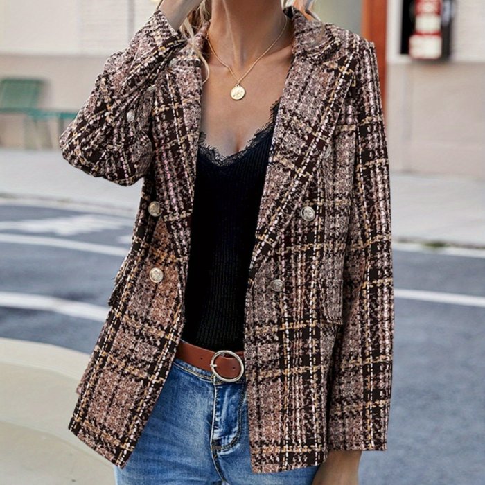 Full Size Plaid Lapel Collar Blazer