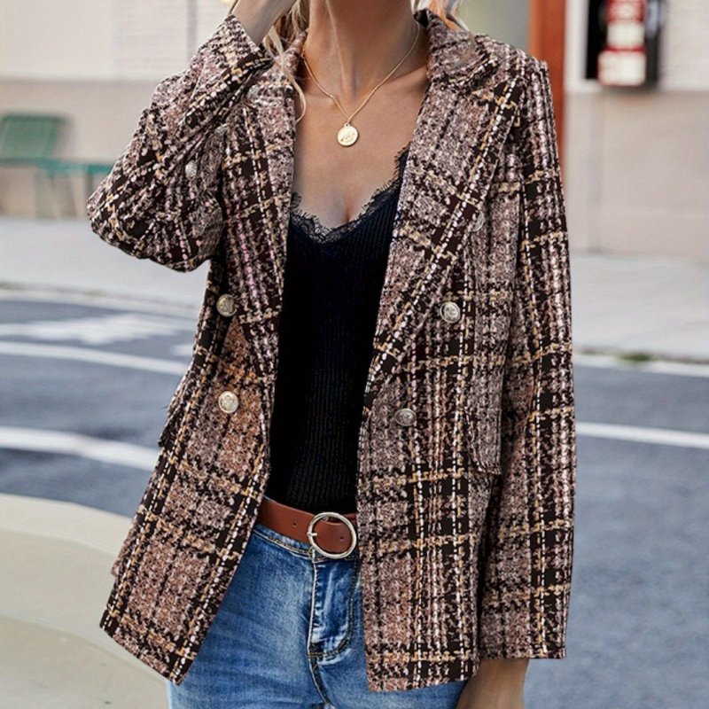 Full Size Plaid Lapel Collar Blazer