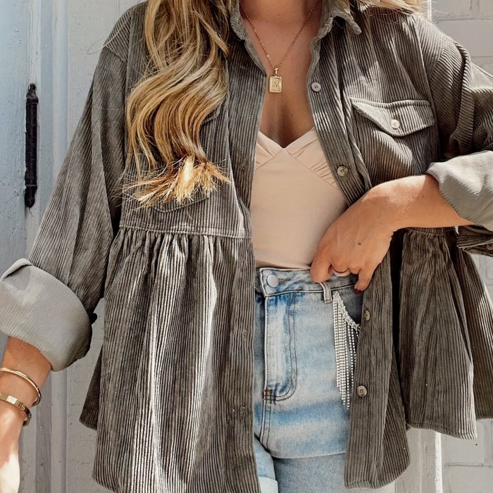 Corduroy Lapel Pocket Jacket, Casual Long Sleeve Button Down Fashion Single Breasted Loose Fall Winter Outerwear, Women's Clothing