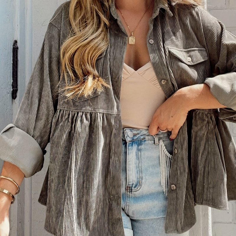 Corduroy Lapel Pocket Jacket, Casual Long Sleeve Button Down Fashion Single Breasted Loose Fall Winter Outerwear, Women's Clothing