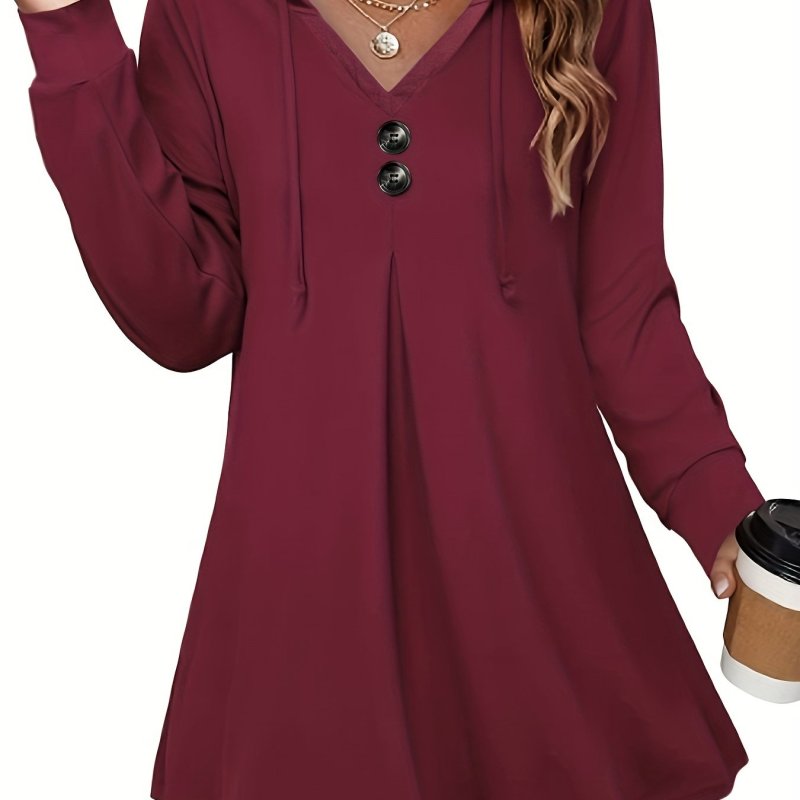 Button Front Drawstring Hoodie, Casual Long Sleeve Hoodies Sweatshirt, Women's Clothing