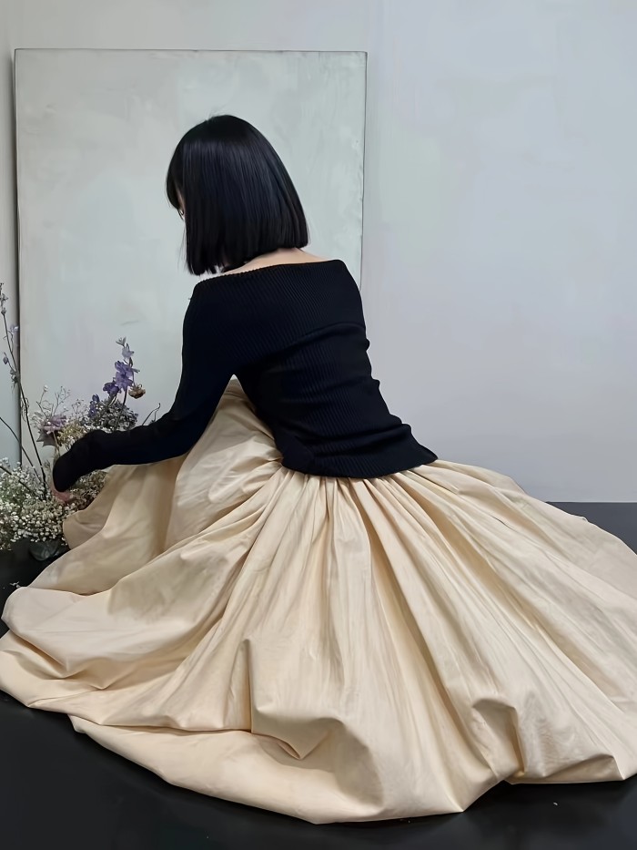 Elegant High-Waist Slimming Midi Skirt For Women - Loose Fit, Solid Color, Machine Washable