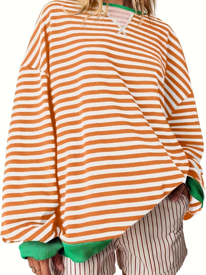 Striped Pattern Loose Pullover Sweatshirt, Casual Long Sleeve Crew Neck Sweatshirt, Women's Clothing