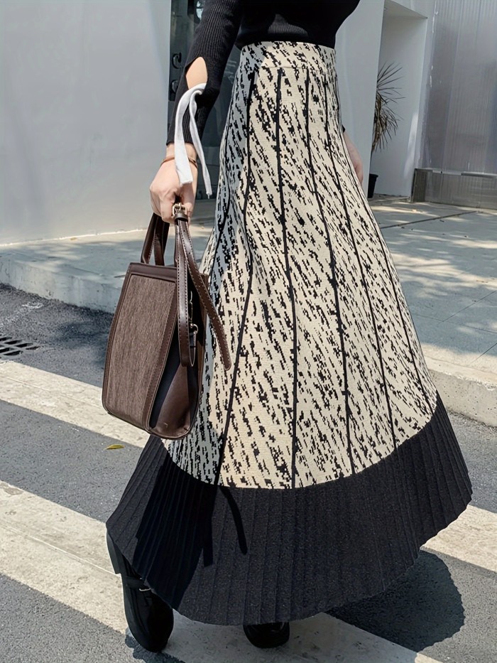 Color Block High-rise Skirt, Stylish A-line Knitted Skirt For Fall, Women's Clothing