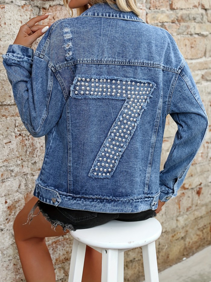 Beaded Number Pattern Long Sleeve Button Up Lapel Denim Coat For Spring & Autumn, Women's Denim Clothing