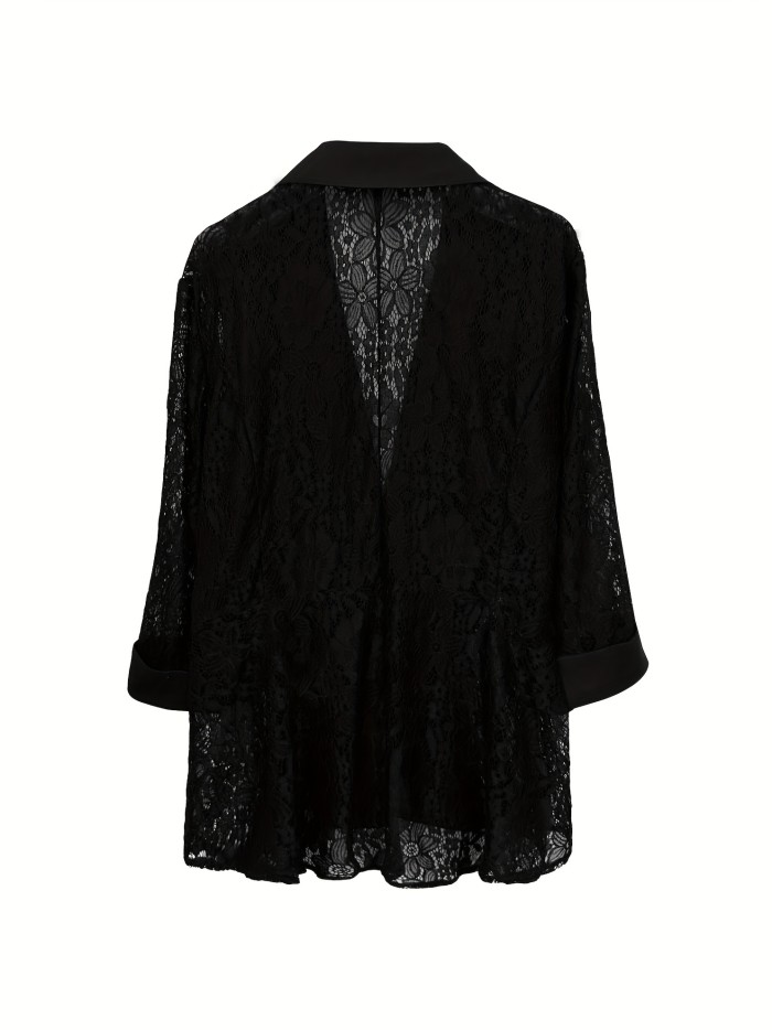 Plus Size Elegant Lace Stitching Blazer - Semi-Sheer, Lapel Collar, Open Front, Machine Washable, Solid Color, Woven Polyester Fabric - Perfect for Spring and Fall Seasons