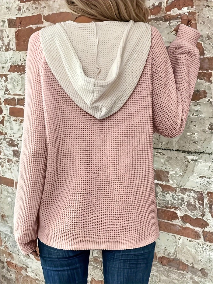 Color Block Button Front Drawstring Hoodie, Casual Long Sleeve Hoodie Sweatshirt, Women's Clothing