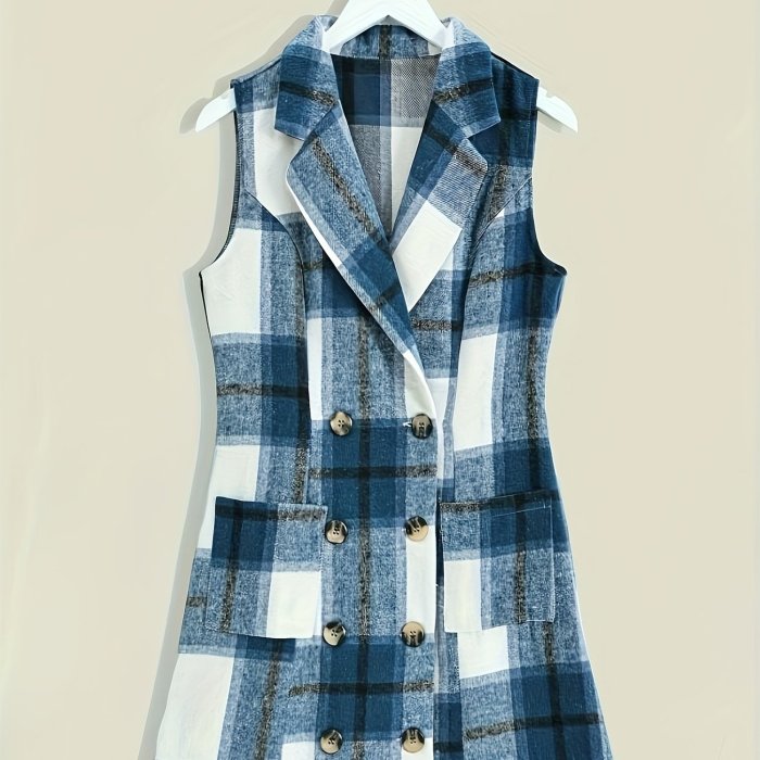 Lapel Sleeveless Plaid Cardigan, Mature Double Breasted Button Pockets Mid Length Sweater, Women's Clothing