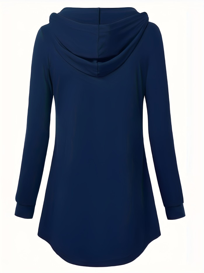 Button Front Drawstring Hoodie, Casual Long Sleeve Hoodies Sweatshirt, Women's Clothing