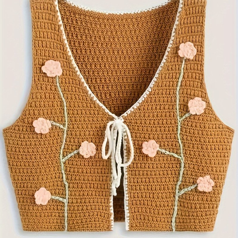 Floral Pattern Tied Front Knit Vest, Casual V Neck Sleeveless Crop Sweater, Women's Clothing