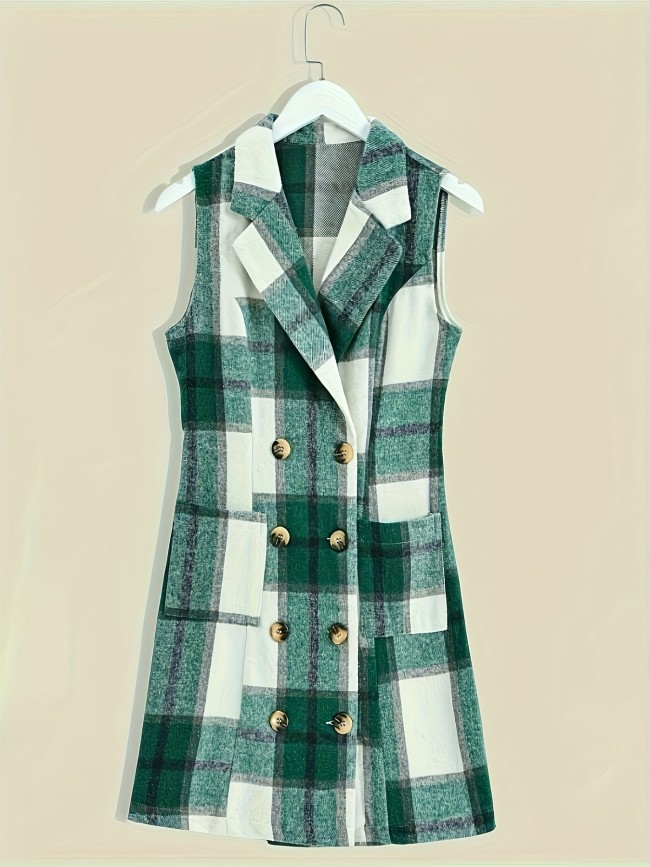 Lapel Sleeveless Plaid Cardigan, Mature Double Breasted Button Pockets Mid Length Sweater, Women's Clothing