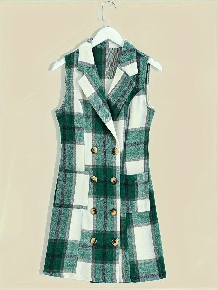 Lapel Sleeveless Plaid Cardigan, Mature Double Breasted Button Pockets Mid Length Sweater, Women's Clothing