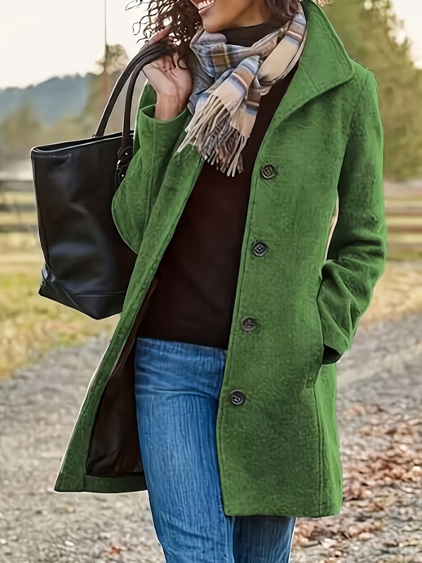 Solid Color Single Breasted Overcoat, Casual Long Sleeve Outerwear For Fall & Winter, Women's Clothing