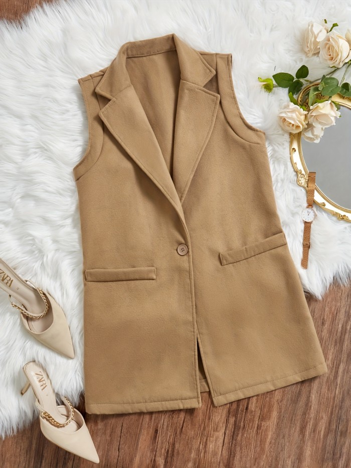 Solid Open Front Vest, Elegant Lapel Sleeveless Mid Length Vest, Women's Clothing