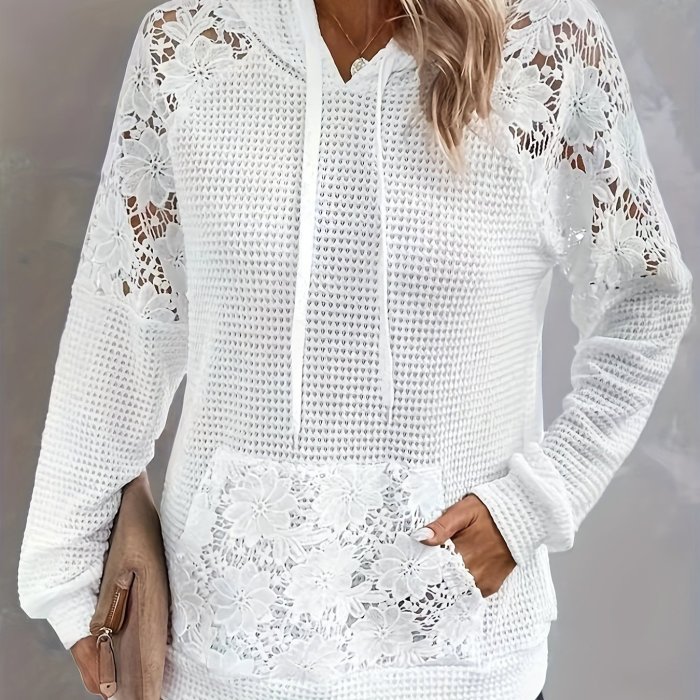 Vibrant Floral Pattern Hoodie - Mid-Elasticity Dacron and Spandex Blend, Contrast Lace Drawstring, Long Sleeve Pocket Knit Sweatshirt, Machine Washable, Semi-Sheer, Casual Wear for All Seasons