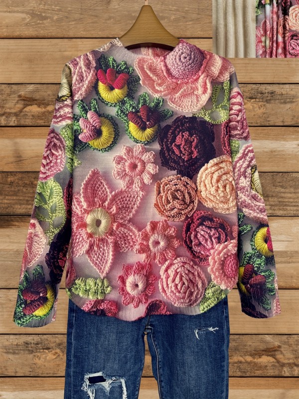 Floral Pattern Crew Neck Sweater, Lightweight Long Sleeve Sweater For Spring & Fall, Women's Clothing