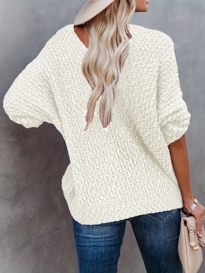 Vibrant Solid V Neck Knitted Pullover Top - Soft Mid-Elastic Acrylic Fabric, Semi-Sheer Casual Long Sleeve Sweater for Fall & Winter - Hand Washable, No Printing, Knit Fabric Construction