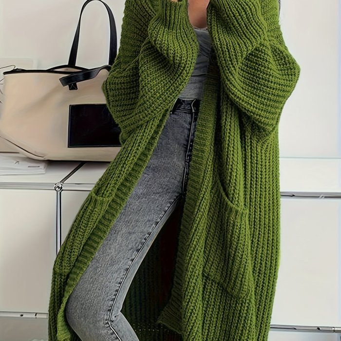 Solid Open Front Cardigan, Casual Long Sleeve Drop Shoulder Long Length Outwear, Women's Clothing