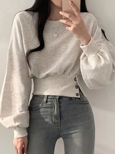 Solid Color Crew Neck Pullover Sweater, Y2K Long Sleeve Button Decor Knitted Sweater For Fall & Winter, Women's Clothing