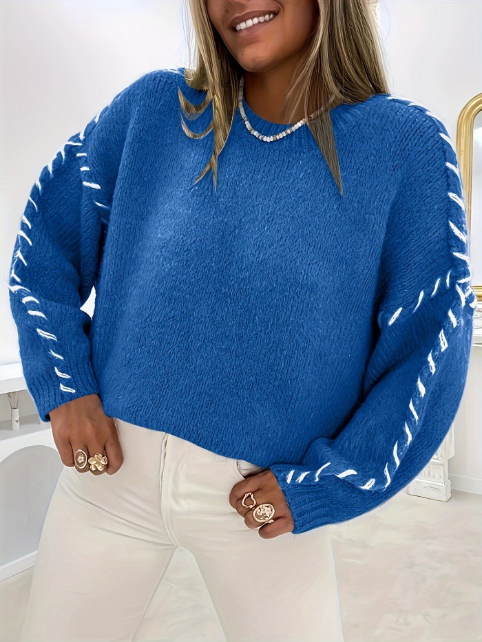 Contrast Trim Crew Neck Sweater, Elegant Drop Shoulder Long Sleeve Sweater For Fall & Winter, Women's Clothing
