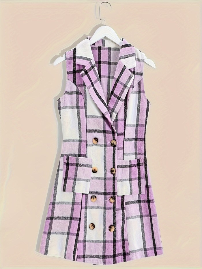 Lapel Sleeveless Plaid Cardigan, Mature Double Breasted Button Pockets Mid Length Sweater, Women's Clothing