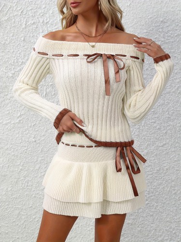 Y2K Ribbed Two-piece Skirt Set, Long Sleeve Off Shoulder Pullovers & Bow Front Skirt Outfits, Women's Clothing
