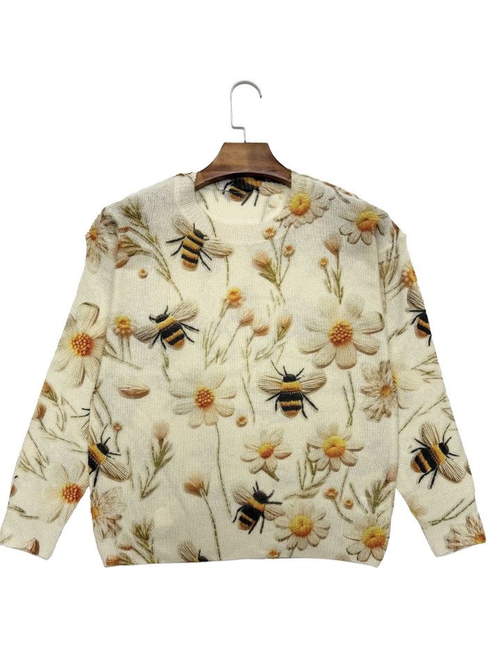 Floral Bee Crew Neck Sweater - Soft Micro Elastic Polyester Long Sleeve Thin Knit Fabric for Spring and Fall - Hand Washable, Young and Casual Style for Women