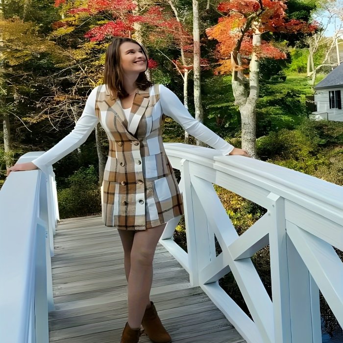 Lapel Sleeveless Plaid Cardigan, Mature Double Breasted Button Pockets Mid Length Sweater, Women's Clothing