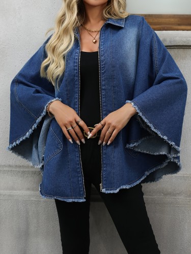 Raw Hem Loose Fit Zipper Batwing Sleeve Oversize Elegant Denim Jacket Coat, Women's Denim Jeans & Clothing