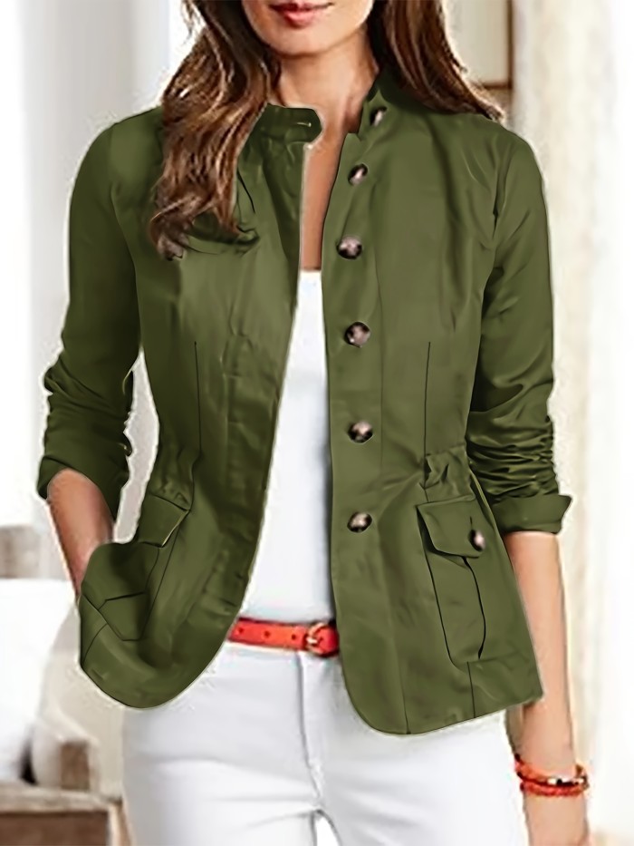 Button Front Plain Color Jacket, Casual Long Sleeve Jacket For Spring & Fall, Women's Clothing