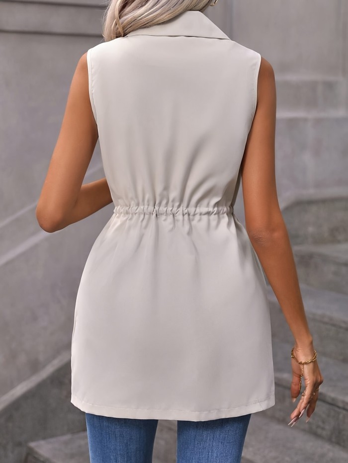Solid Color Drawstring Vest, Elegant Sleeveless Open Front Vest For Spring & Summer, Women's Clothing