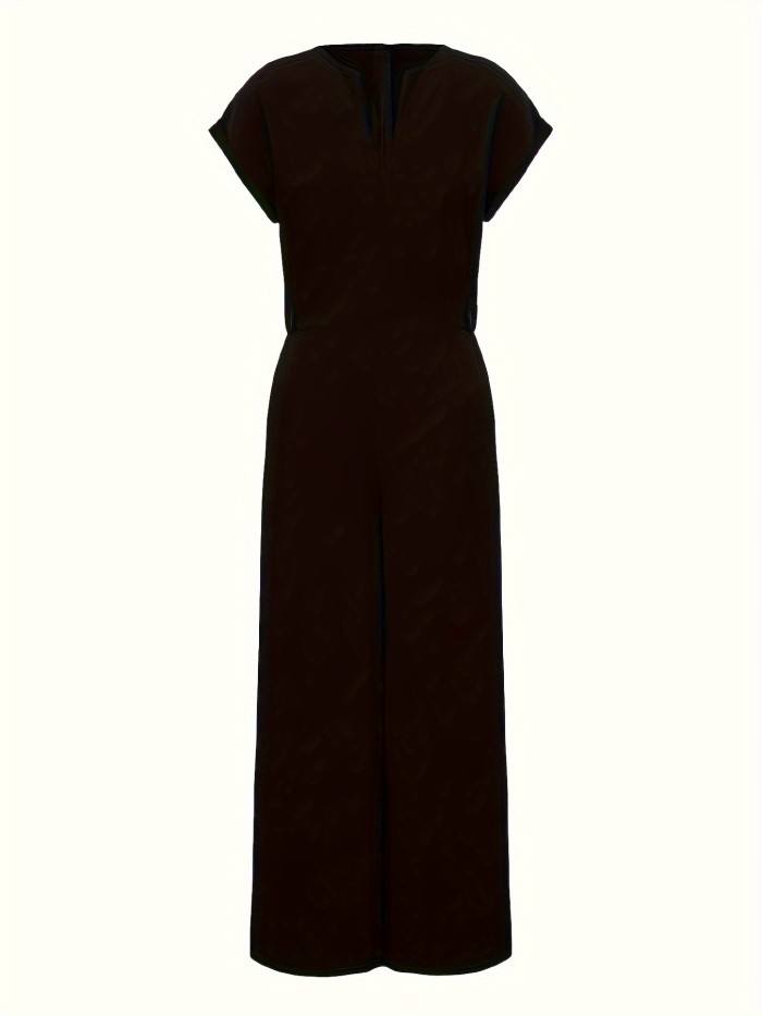 Solid Color Wide Leg Jumpsuit, Casual Notched Neck Flutter Sleeve Dual Pockets Loose Jumpsuit For Spring & Summer, Women's Clothing