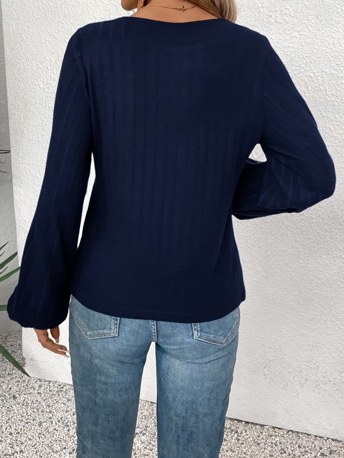 Floral Embroidered Crew Neck T-Shirt, Elegant Ribbed Long Sleeve T-Shirt For Spring & Summer, Women's Clothing
