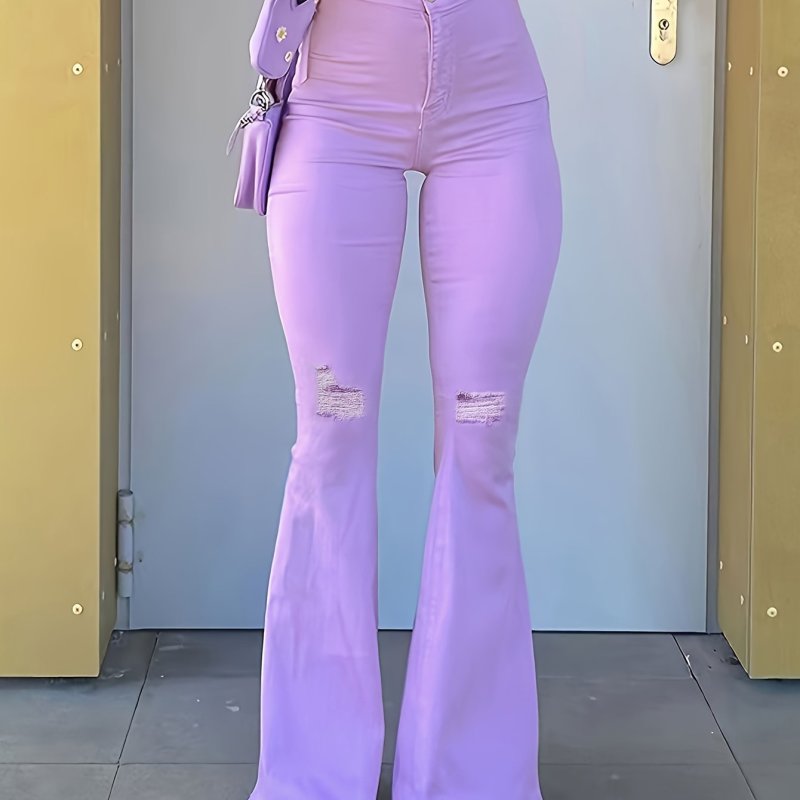 Purple Ripped Knee High Waist Flare Jeans, Fitting Raw Hem Long Trousers, Women's Denim Jeans, Women's Clothing